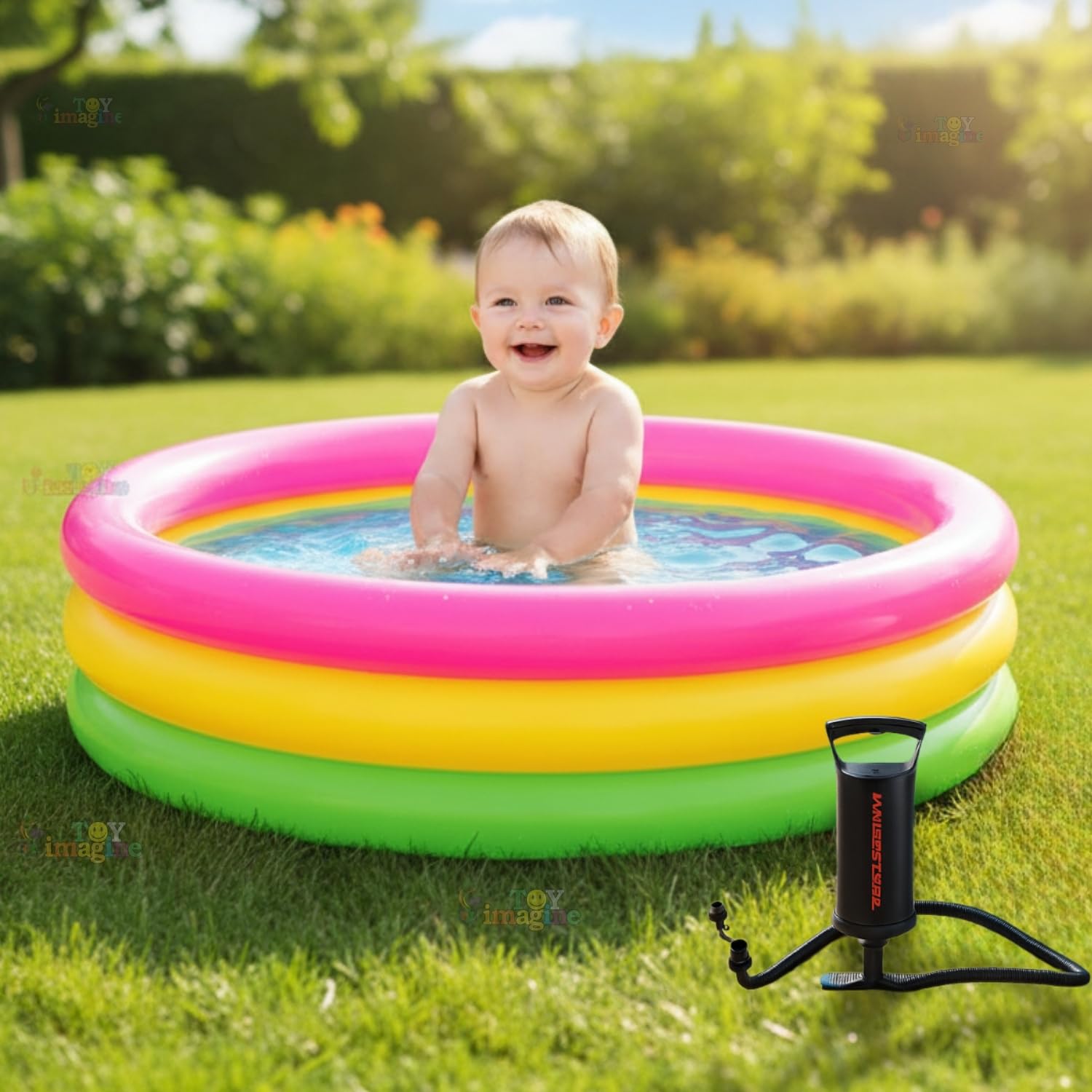 Toy Imagine 1-2 Kid�s 3ft Laminated PVC Soft Inflatable Sunset Glow Round Colourful Rings Baby Pool Portable Bathtub for Summer Fun at Home|Foldable Swimming for with Double Quick Air Hand Pump.Holi-image-31