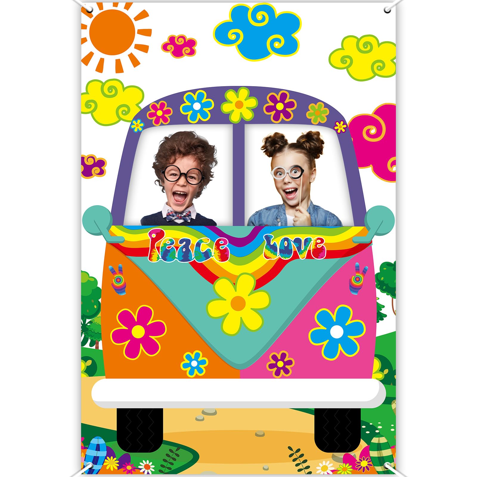 60's Hippie Bus Photo Prop 60s Party Decorations Large Fabric Retro Groovy Van Prop Hippie Selfie Frame Backdrop Background Banner Birthday Party Supplies Retro 60s 70s Party Favors 59 x 39.4 Inch