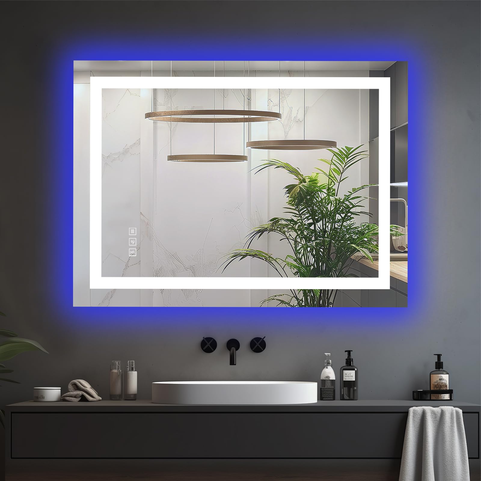 MIQU Illuminated Bathroom Mirror with Light, LED Backlit Wall Mirror, with Touch Sensor and Demister Anti-Fog Pad, Horizontal/Vertical Wall Mounted (RGB backlight +Mirror lighting+ anti-fog, 80x60cm)