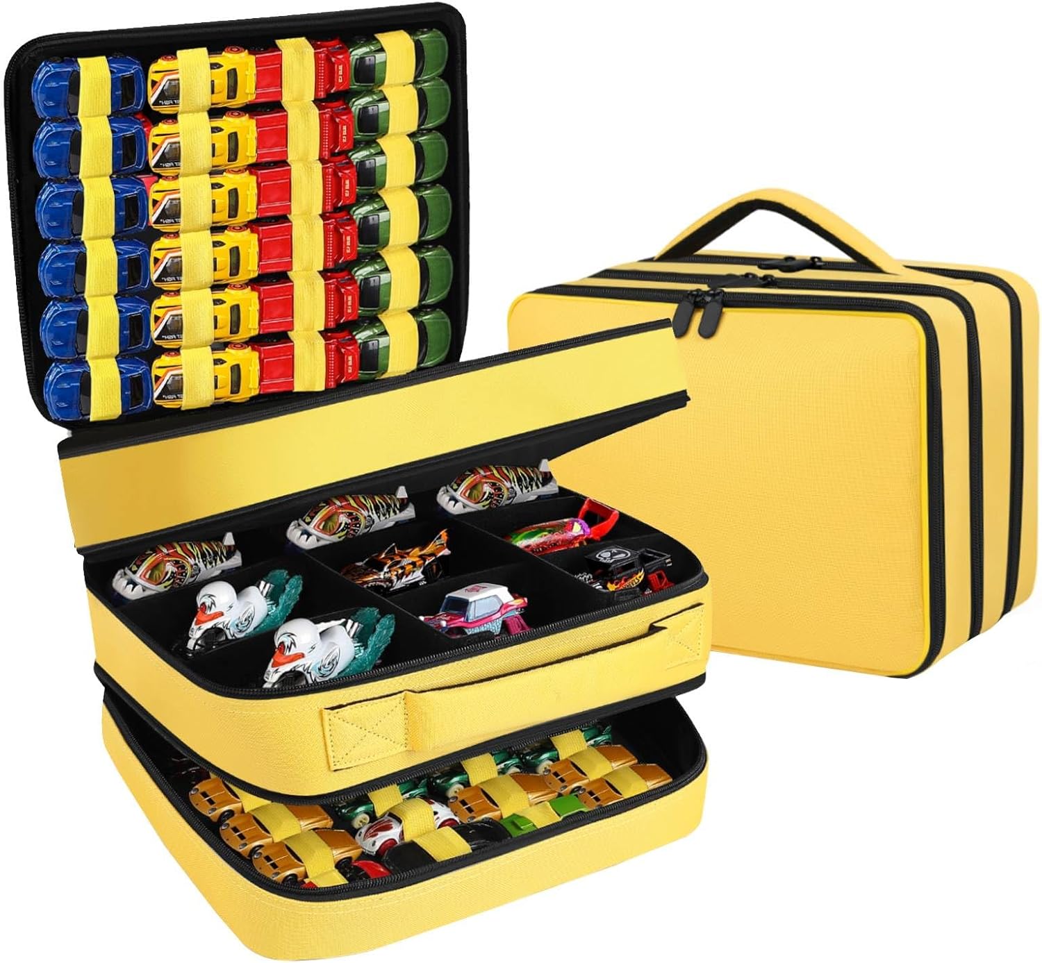 Toy Car Storage Bag Compatible with 1:64 scale HotWheels Mini Car & Monster Truck Series—Holds Up to 96 Mini Toy Cars and 9 Monster Trucks (Yellow)