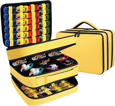 Toy Car Storage Bag Compatible with 164 scale HotWheels Mini Car & Monster Truck SeriesHolds Up to 96 Mini Toy Cars and 9 Monster Trucks Yellow