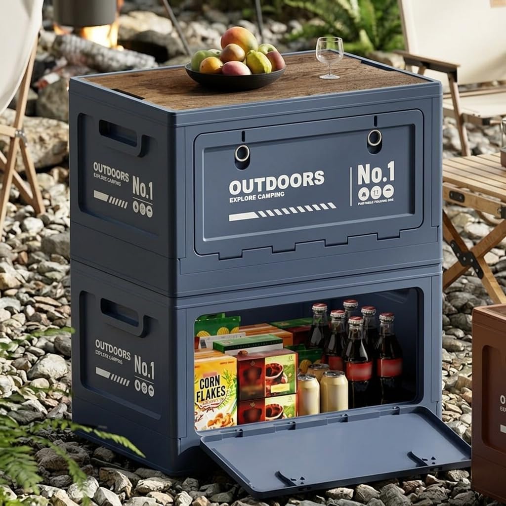Tragbare Camping Aufbewahrungsbox mit Deckel, Koffraum Organiz für Camping Zubehör, für Gepäck, Meersalzblau, Breite 40cm, PP-Deckel + Holzplatte, 30L
