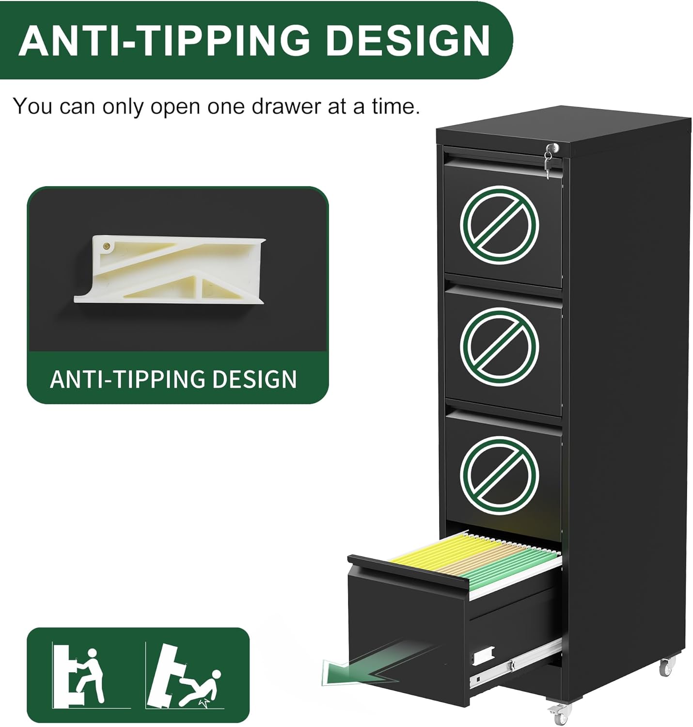 4-Drawer Mobile Locking File Cabinet on Wheels - Heavy-Duty Vertical Metal Filing Cabinet for Legal/Letter/A4 Files, 18" D x 15" W x 52" H, Rolling Document Storage for Office/Home, Black