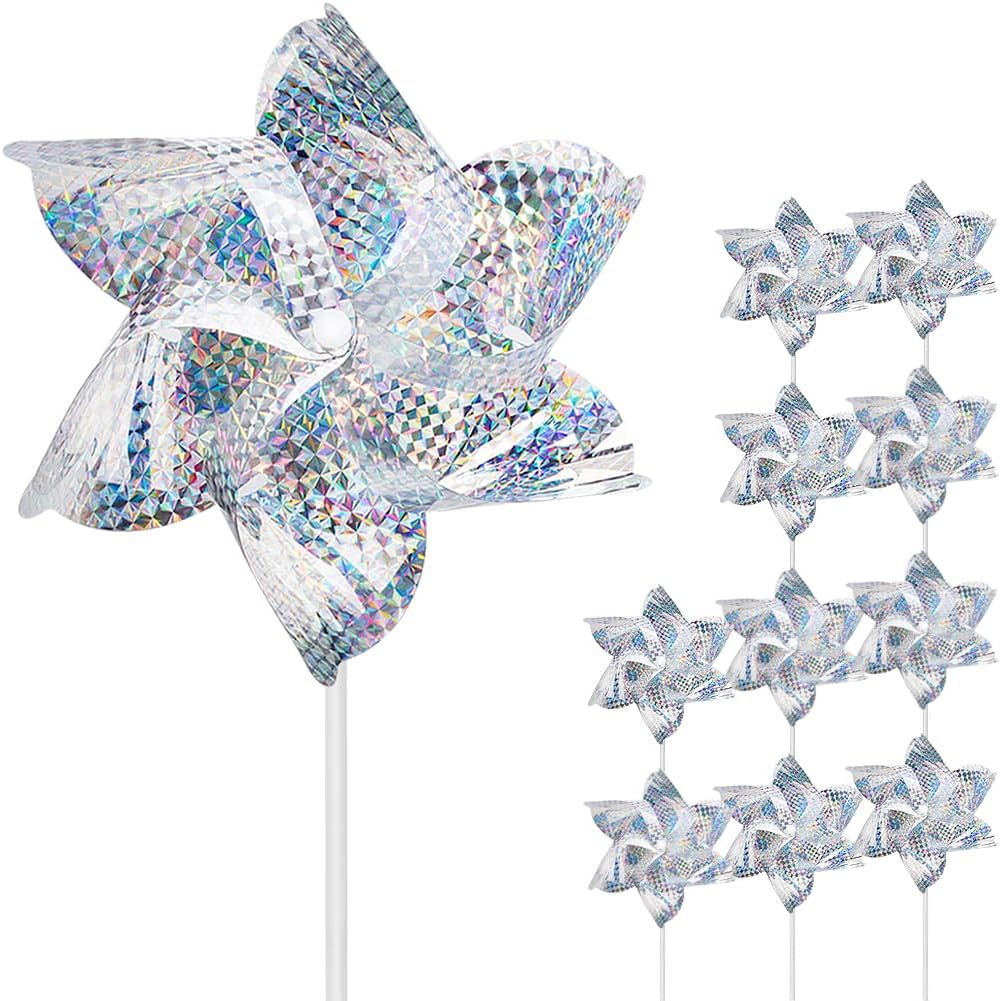 10 Pack Reflective Pinwheels for Garden Yard - Sparkly Silver Bird Deterrent Devices for Outside - Humane Woodpecker, Pigeon & Goose Repellent Wind Spinners - Decorative Mylar Pin Wheels with Stakes