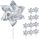 10 Pack Reflective Pinwheels for Garden Yard - Sparkly Silver Bird Deterrent Devices for Outside - Humane Woodpecker, Pigeon & Goose Repellent Wind Spinners - Decorative Mylar Pin Wheels with Stakes