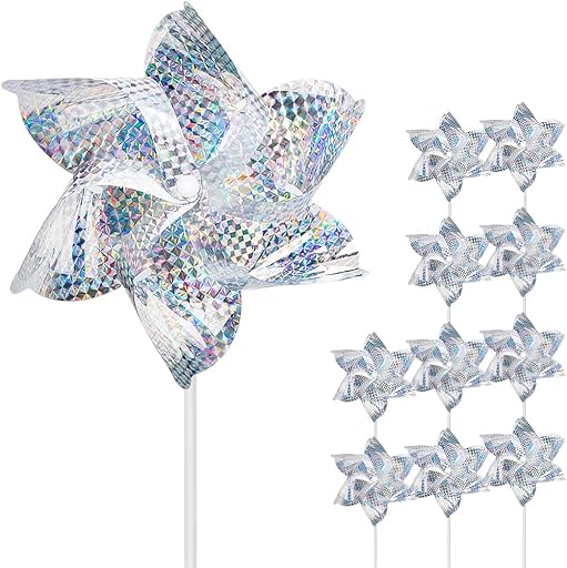 10 Pack Reflective Pinwheels for Garden Yard - Sparkly Silver Bird Deterrent Devices for Outside - Humane Woodpecker, Pigeon & Goose Repellent Wind Spinners - Decorative Mylar Pin Wheels with Stakes