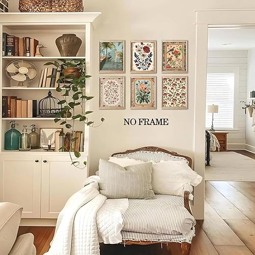 Miniatura 2 de Juego de 6 pósteres de arte para pared con diseño floral vintage, cuadros rústicos de pájaros y flores, pinturas botánicas neutrales retro de pavo