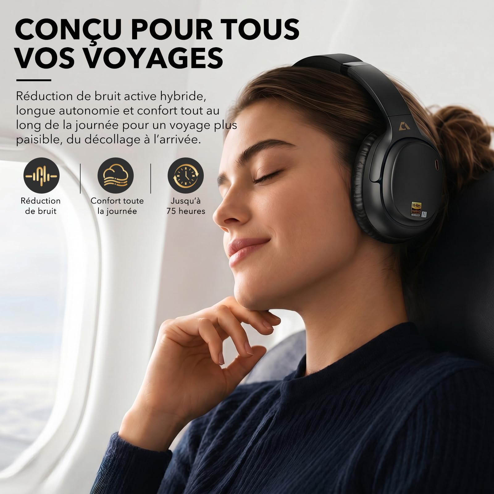 1Mii E700 Casque Bluetooth sans Fil avec Réduction de Bruit Active, Noir | ANC Hybride, Hi-Res Audio LDAC, Confortable pour Trajets, Voyage, Études, aptX Low Latency pour TV, Maison, Bureau, Avion