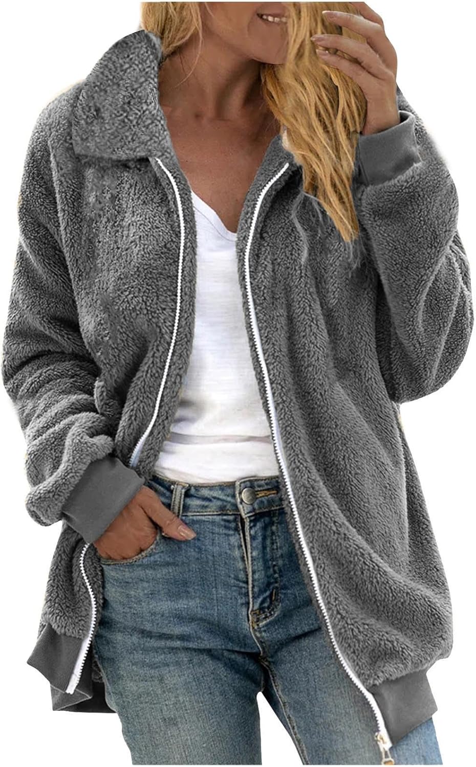 Winter Coats for Women 2024 Trendy Fleece Jacket Long Sleeve Faux Fur Coat Fuzzy Sherpa Jackets Zip Lapel Pocket Outwear