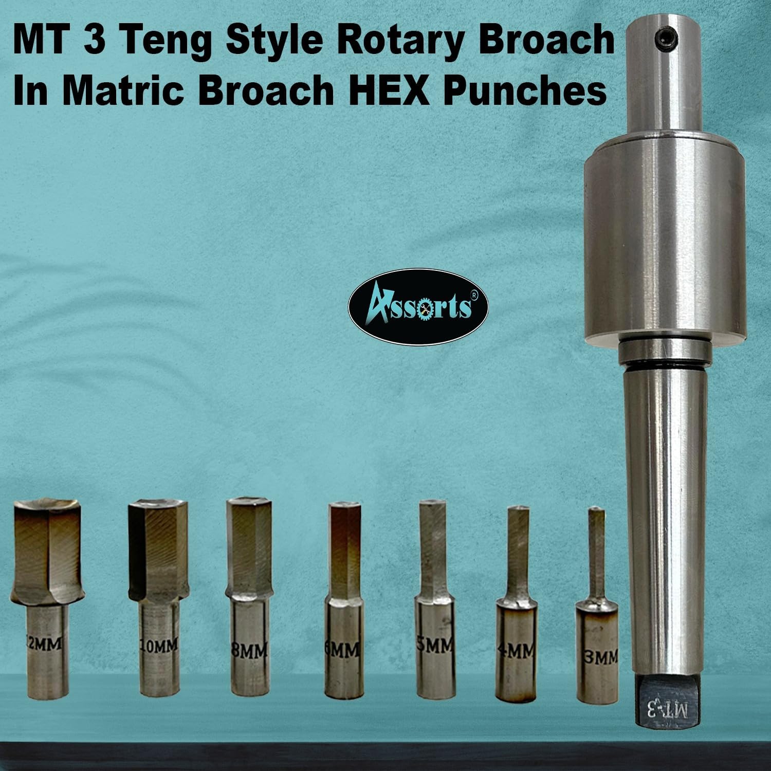 ASSORTS MT3 Teng Style Rotary Broach Holder Set with Metric HEX Broach Punches 3mm–12mm for CNC Lathe Milling Machine Internal Hex Broaching Tool