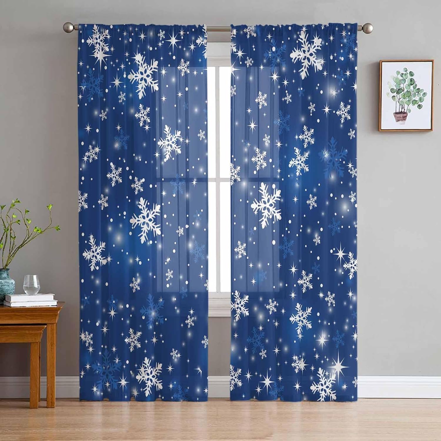 Navy Blue Christmas Sheer Curtains 84 Inch Length 2 Panels Set, Winter Snowflake Xmas Semi Sheer Curtain for Living Room, Shiny Blue Christmas Voile Window Curtains Sheers Drapes for Bedroom