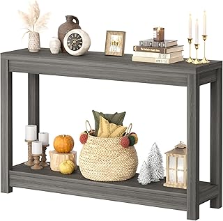 47" Farmhouse Wood Entryway Table Narrow Console Table with Storage Behind Couch Sofa Table with Shelves Entry Way Table with Open Storage, Easy Assembly, Grey Walnut
