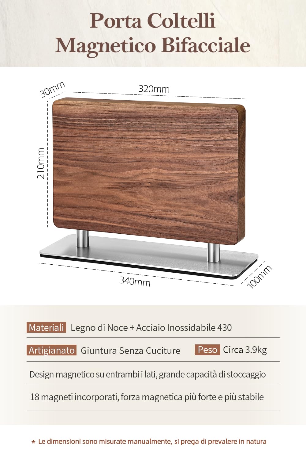 XINZUO Legno di Noce Porta Coltelli da Cucina -Ceppo Portacoltelli Doppio Lato Magnetico -Blocco per Coltelli Forte Accumulo Magnetico -Facile da Pulire -con Scatola Regalo