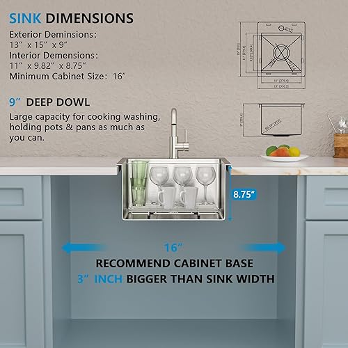 Vista 100 de Fregadero de estación de trabajo para exteriores de 21 x 20 pulgadas, fregadero de preparación de barra de acero inoxidable 304 calibre 16 con tapa