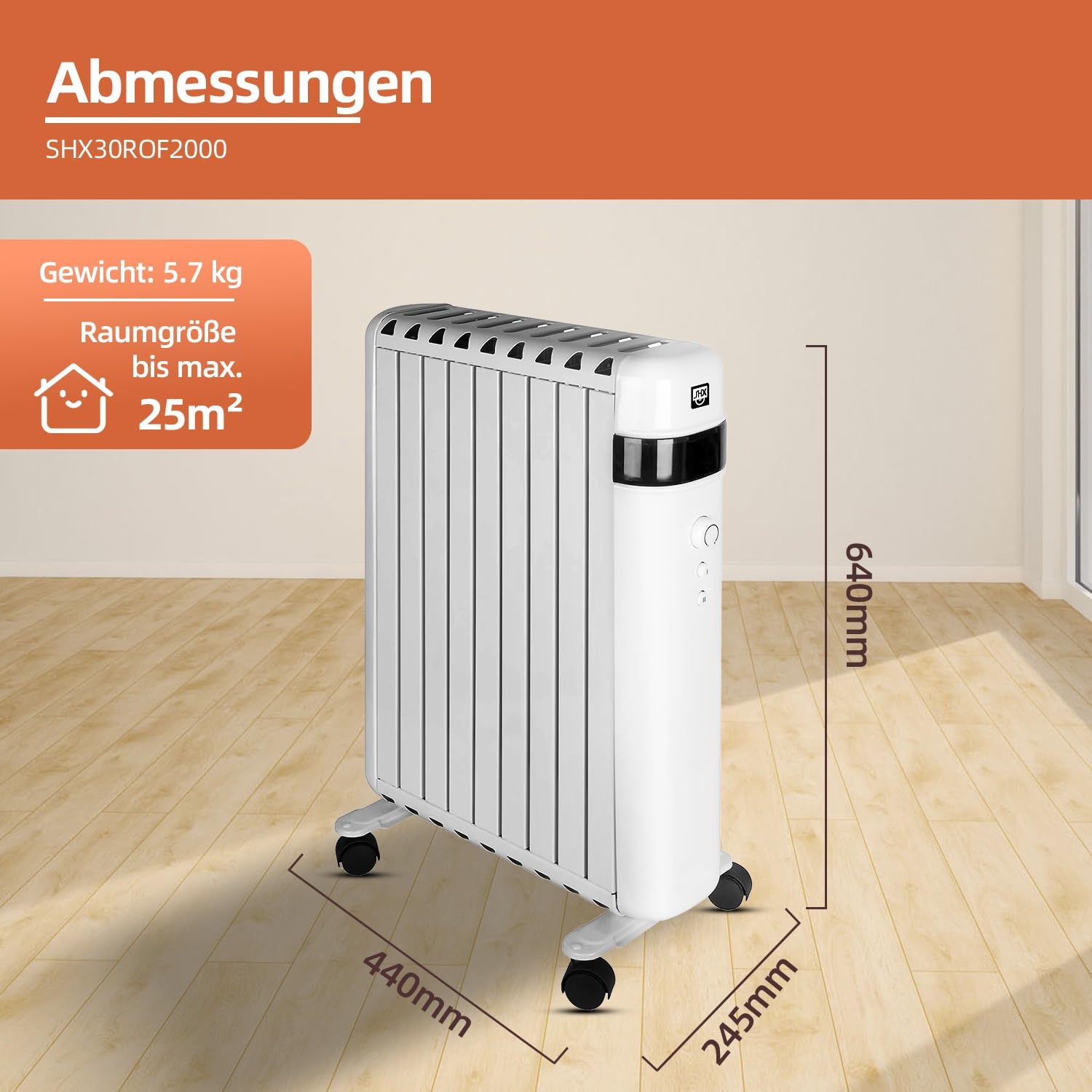 SHX SHX30ROF2000 bezolejowy grzejnik 2000 W, grzejnik elektryczny z 2 stopniami ogrzewania, tryb oszczędzania energii, termostat, automatyczne wyłączanie, zabezpieczenie przed przewróceniem, błyszczący biały