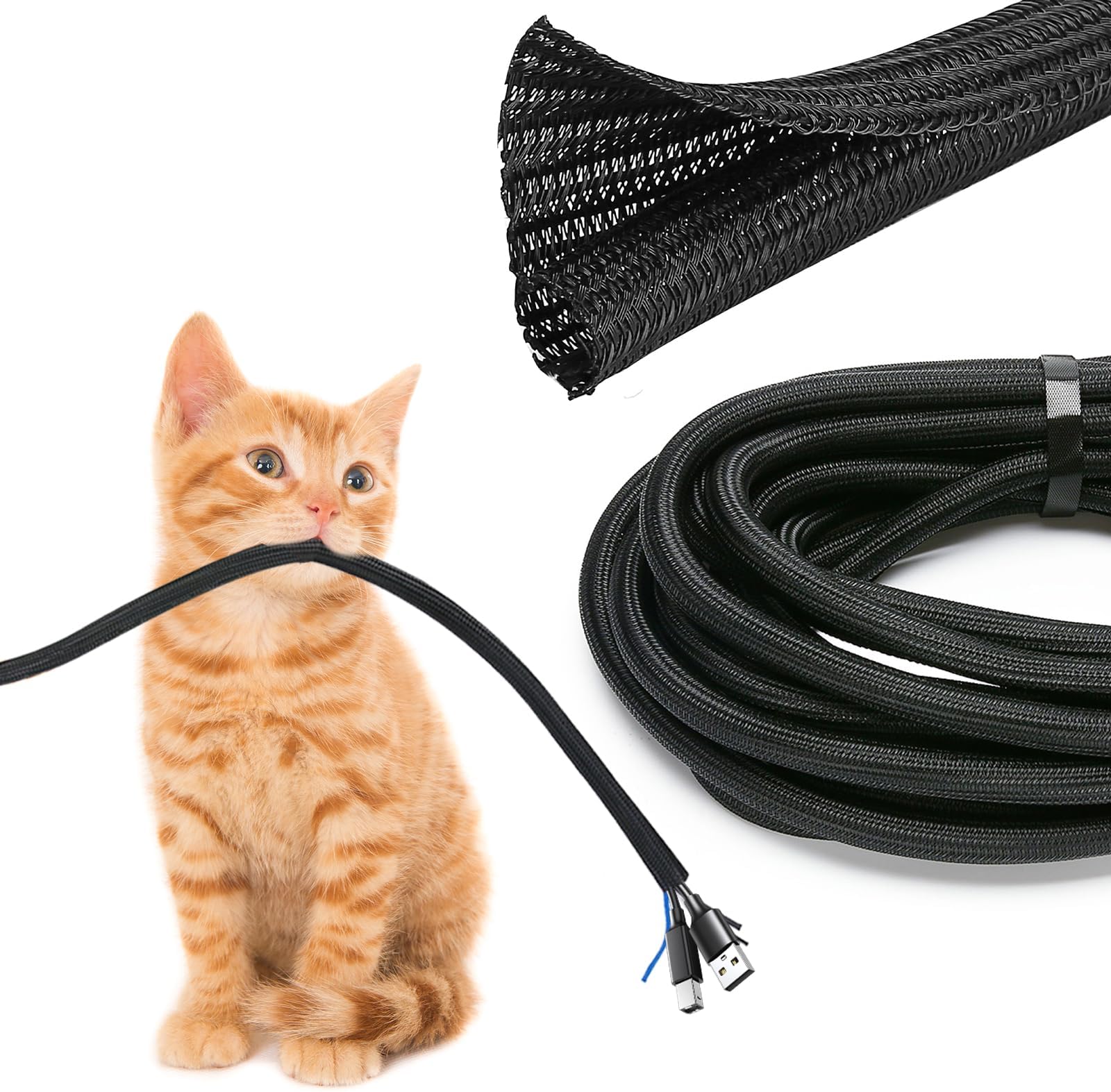 15ft - 1/2 inch Cable Sleeve Cord Management, Woven Mesh Expandable Braided Wire Loom Tubing Sleeving Split Wrap Cover for TV Audio Computer Home Office Automobile Protect Pet from Chewing –Black