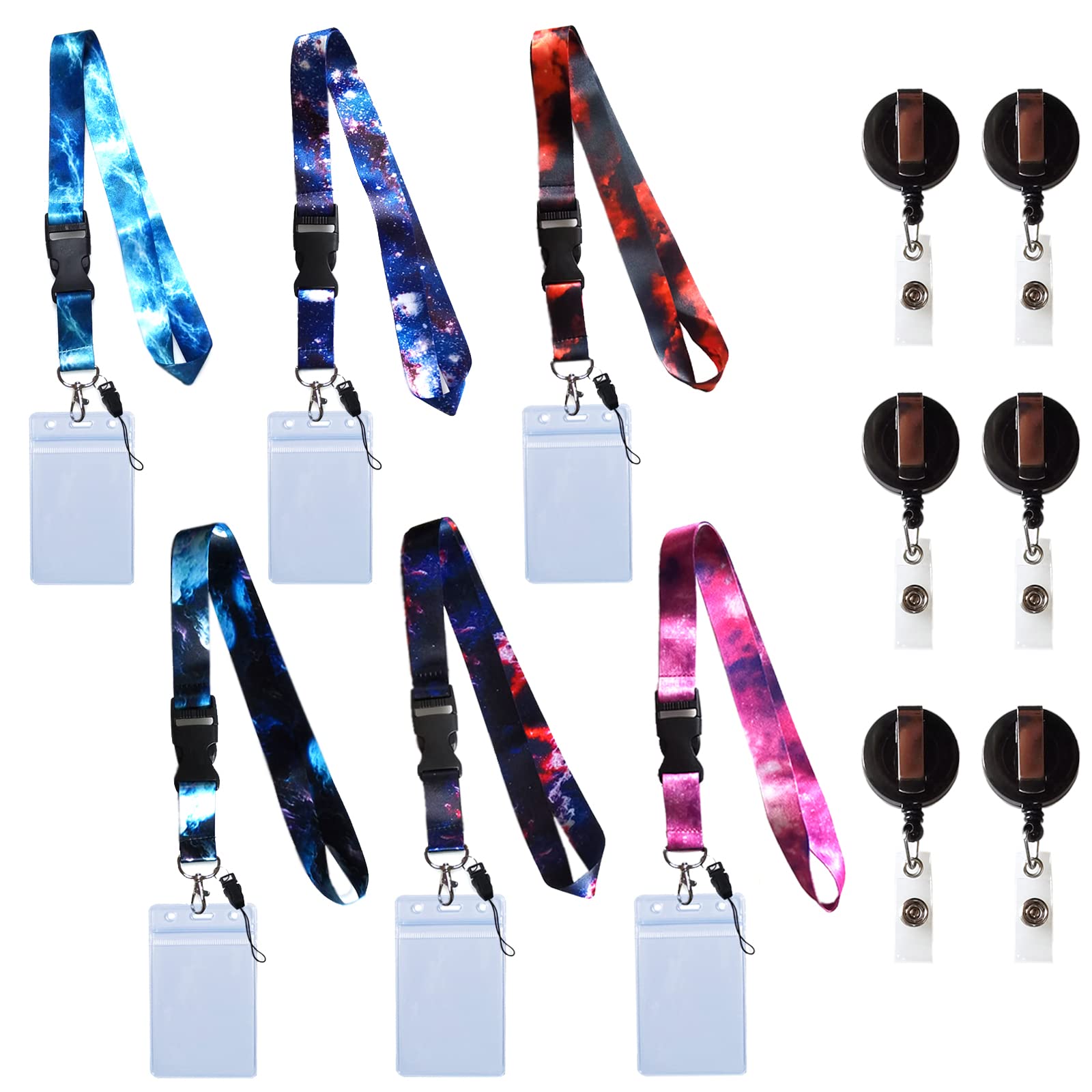 6 Pack Starry Sky Neck Lanyards Detachable and Convertible Badge Neck Strap Retractable Cruise Lanyards, Colorful Cool Galaxy Lanyard Strap with Keychain ID Card Holders for Women Men Teens Teacher,