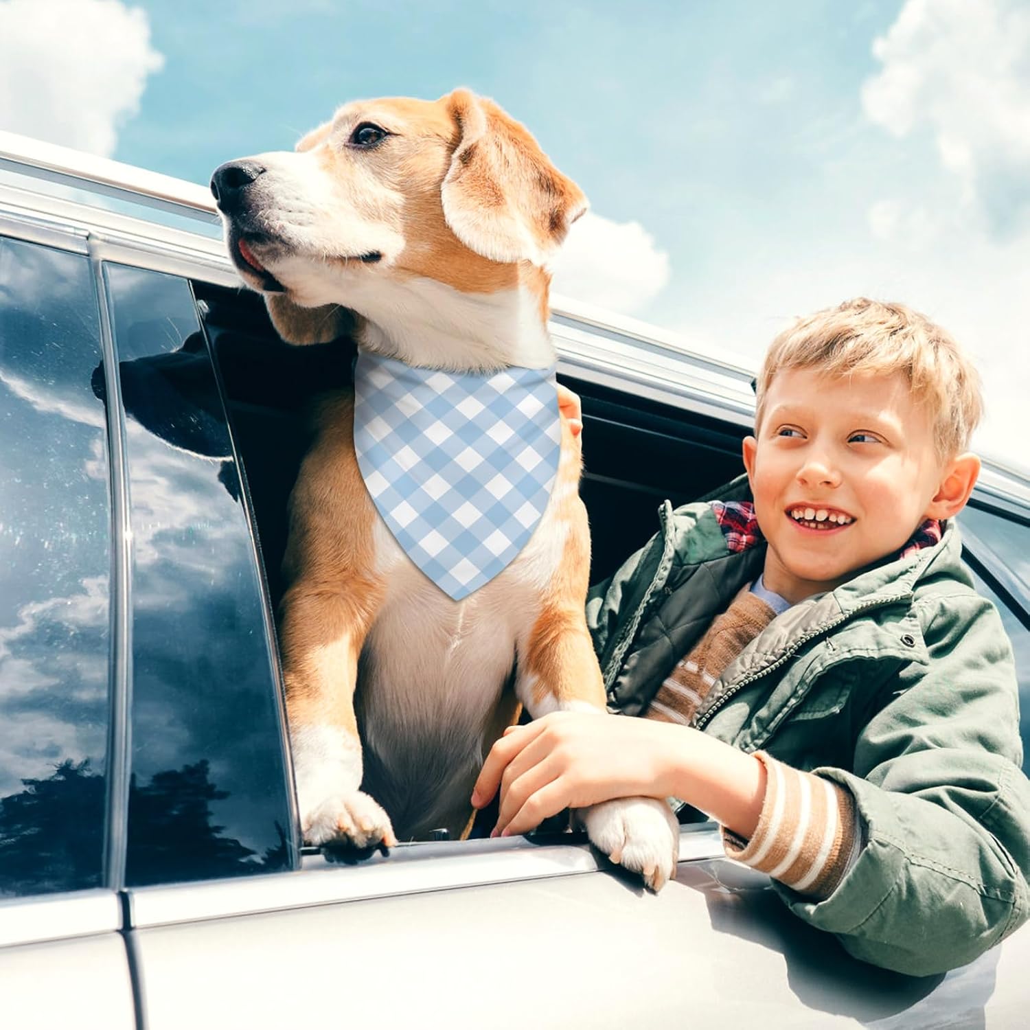 Dusty Blue and White Gingham Dog Bandana Light Blue Checkered Birthday Party Adjustable Triangle Bibs Dogs Scarf for Small Medium Large Pets image 4