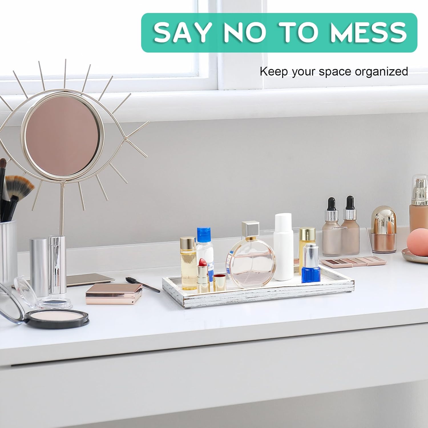 ALELION 11.7" White Bathroom Vanity Tray for Counter - Decorative Tray for Toilet Tank Makeup Perfume Jewelry Catchall Coffee Table - Wooden Kitchen Countertop Organizer for Soap Dispenser - Image 3