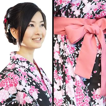 YUKATA women with wide sash belt. made in Japan. japanese robe Midori Yukata Kimono Black Cherry Blossoms/