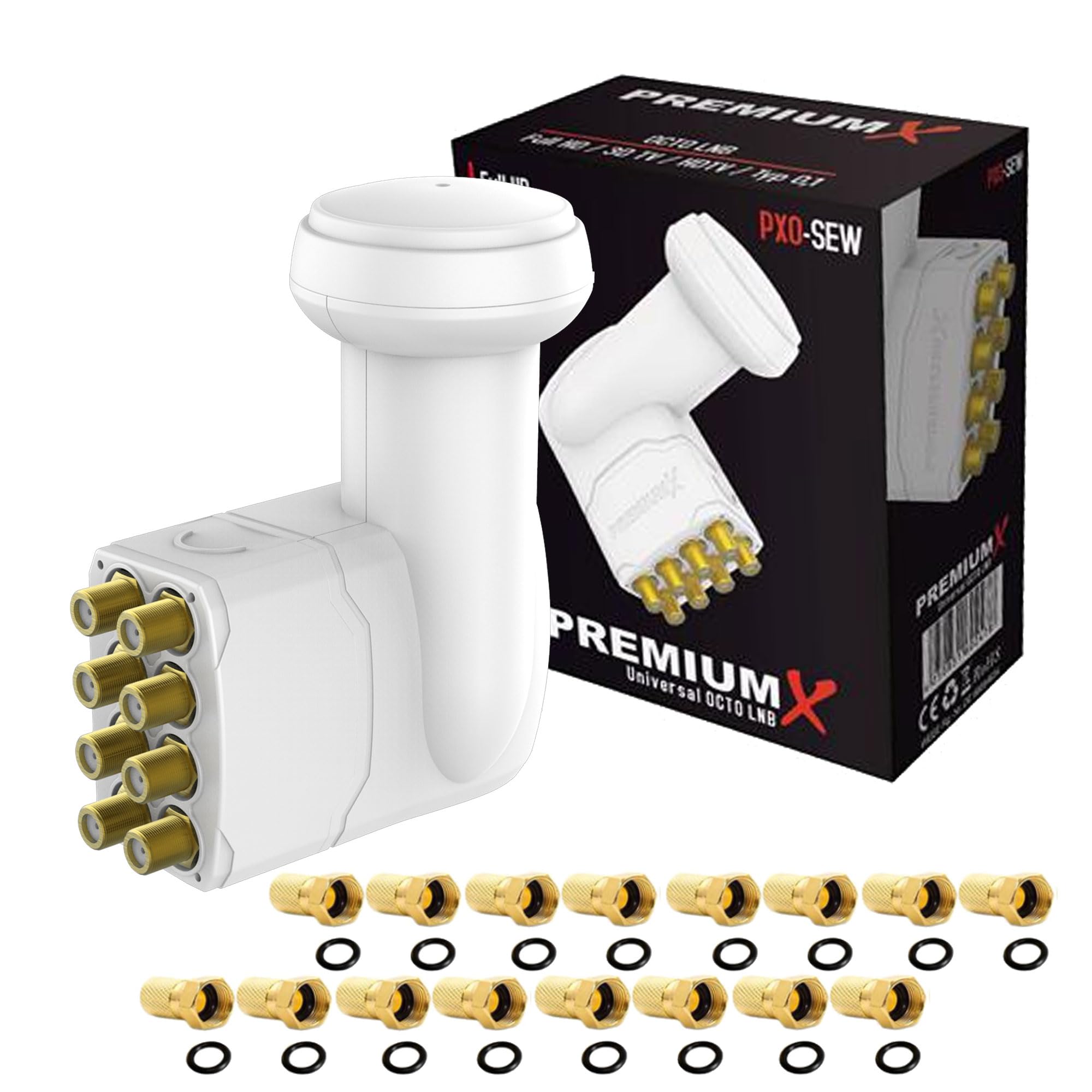 Premium X Octo LNB Collegamento Diretto Bianco 8 utenti Ricevitore Convertitore di Segnale TV satellitare HD 4K incl. 16x F-Plug in Oro con Anello di Tenuta