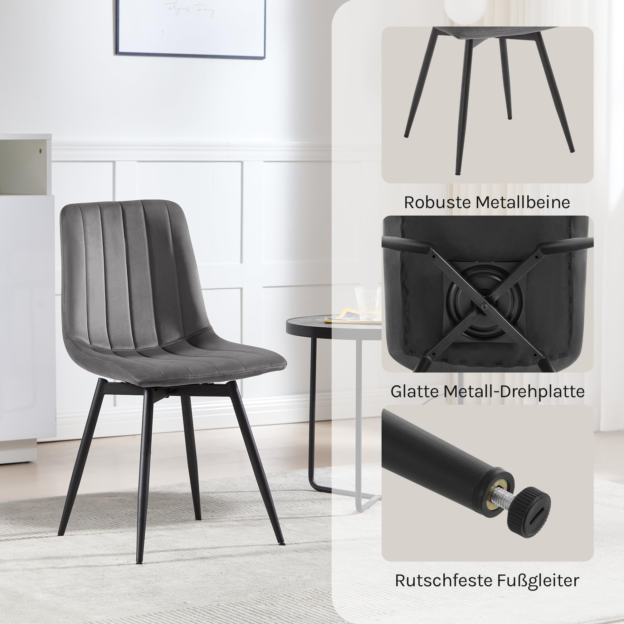 Esszimmerstühle 4er Set drehbar, Samt Küchenstühle Essstühle mit Rückenlehne, Metallbeine, Gepolsterte Stühle für Esszimmer Küche, Ergonomisch, Dunkelgrau