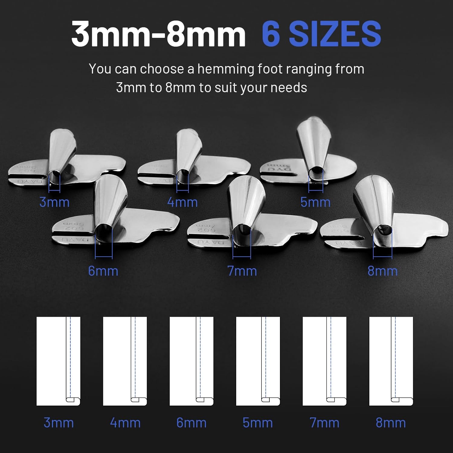6Pcs Sewing Rolled Hemmer Foot, 3mm-8mm Wide Narrow Rolled Hem Sewing Machine Presser Foot Kit, Seam Guide for Sewing Machine