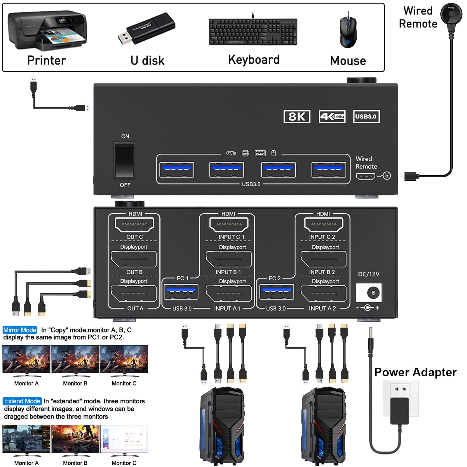 Przełącznik USB 3.0 KVM 2 PC 3 monitory 8K 60 Hz 4K 144 Hz, Triple Monitor KVM Switch 2 Displayport + HDMI do 2 PC części, mysz, klawiatura, z przewodowym pilotem