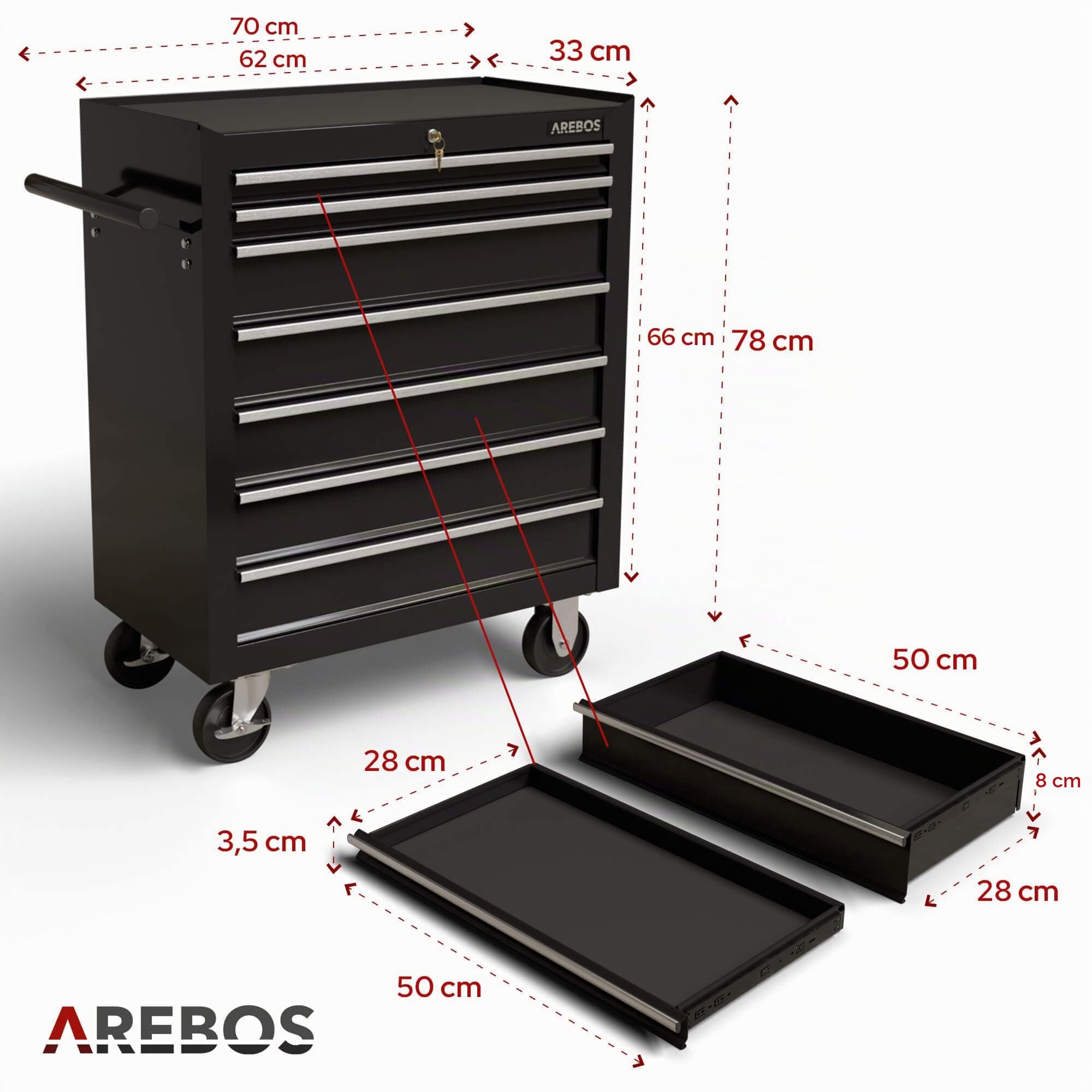 AREBOS Chariot d'atelier | Chariot à Outils | 7 Tiroirs | Verrouillable | 4 roulettes | Tapis antidérapants | Noir | 70 x 33 x 78 cm