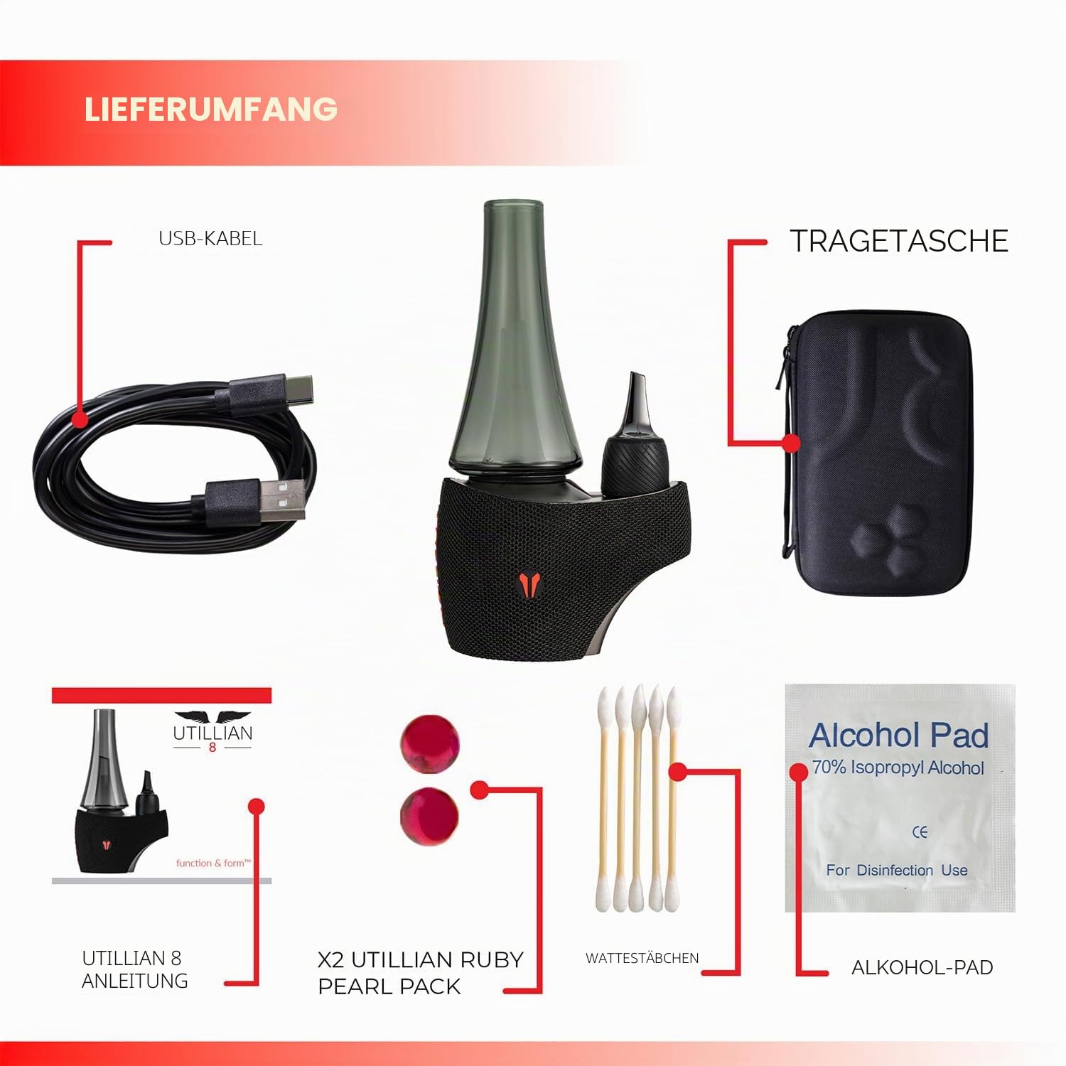 Utillian 8 Vaporizer (E-Rig) – Konzentrat Vaporizer mit BurstHit 3D-Heizkammer - Kompatibel mit Wax Terp Pearls 20s Aufheizzeit - Getönte Glas-Bubbler - USB-C (Statisches Schwarz)