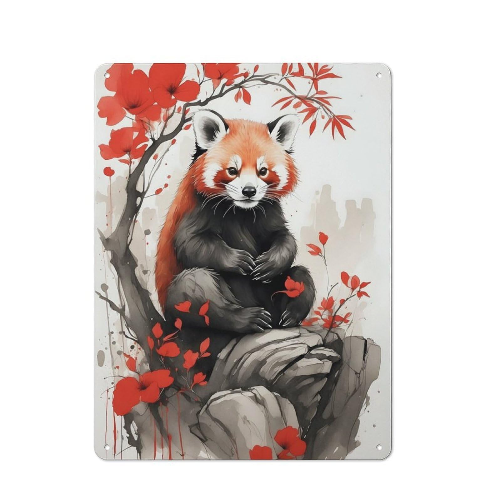 Junmoney Red Panda Japan Ink Art Vintage Printed Metal Sign 40X30cm For Workshop Wall, A Decorative Gift For A Newly Furnished Workshop
