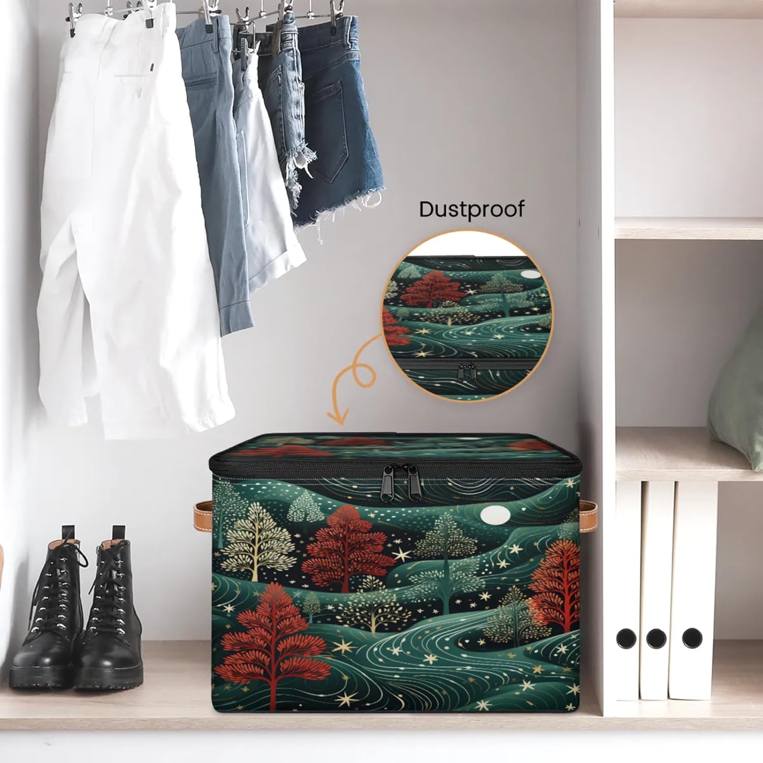 Storage Bin Set of 2 Night Forest Trees Storage Basket with Zipper Lid & Handle Foldable Closet Shelf 2 Pack Cloth Organizer Basket Cube Bins Clothes Organizer for Nursery, Bedroom