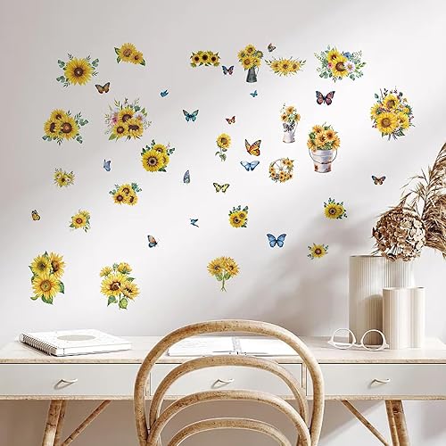 Miniatura 6 de CRASPIRE 8 hojas de 8 estilos de calcomanías de girasol para ventana con temática de primavera y verano, calcomanías de mariposa para ventana,