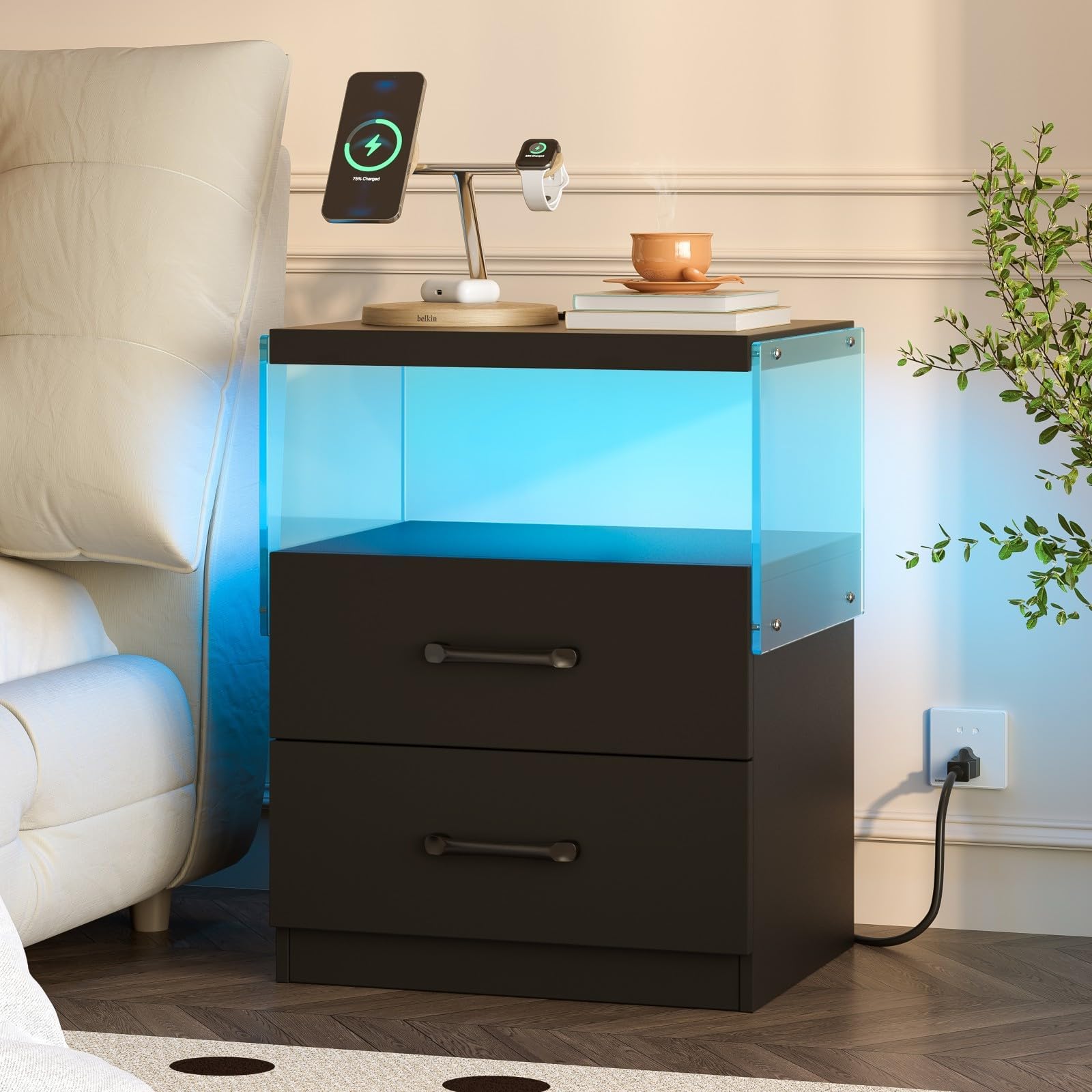 i-aplus LED Nightstand with Charging Station, Modern Bedside Table with Acrylic Open Shelf, Sturdy End Table for Bedroom Living Room, 15mm Thick Top & 17.7" Wide, Black