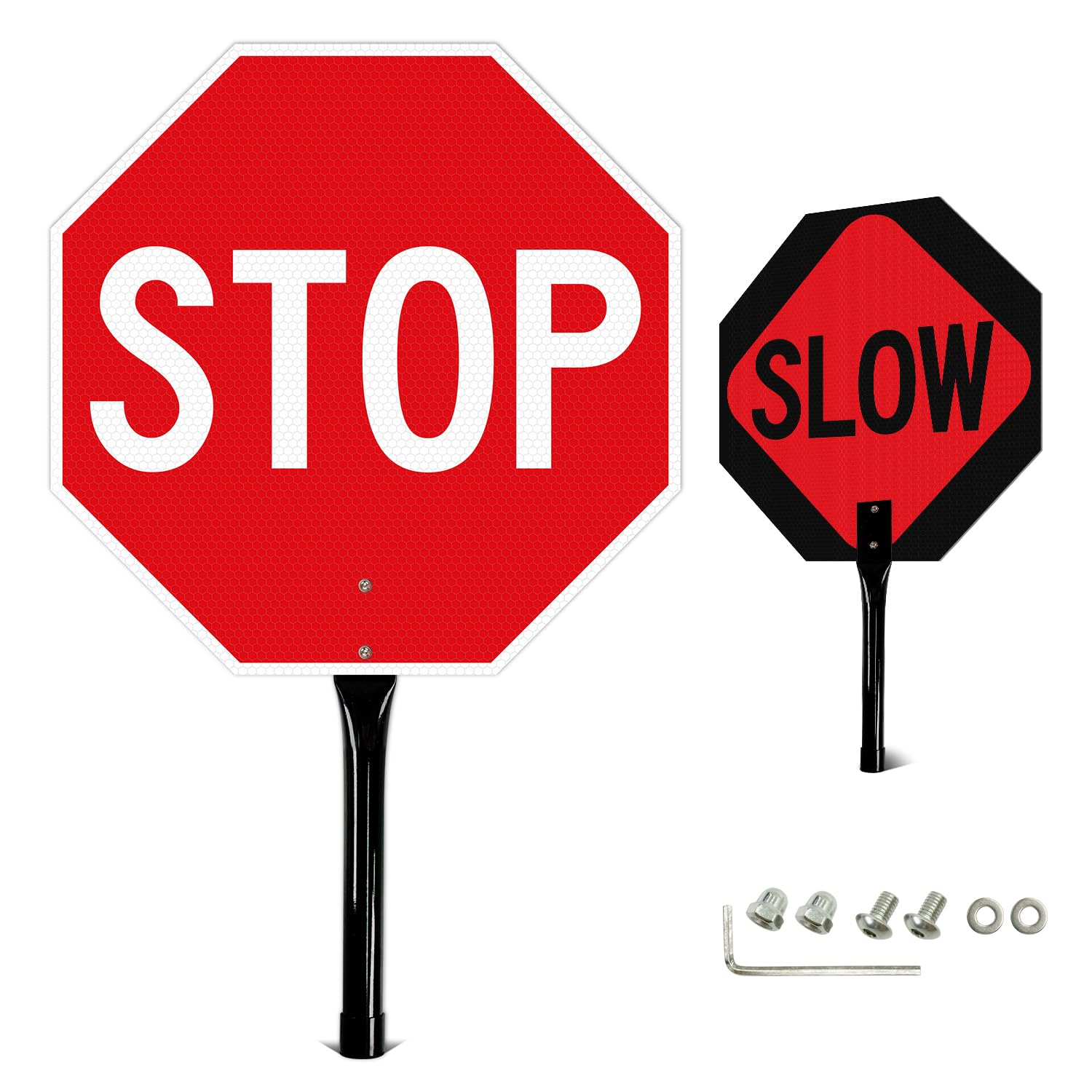 Stop Slow Sign with Metal Handle, 18x18 inches Double Sided Slow/Stop sign, Traffic Reflective Aluminum Sign, Fade Resistant/Waterproof, Easy to Mount (1 Pack)