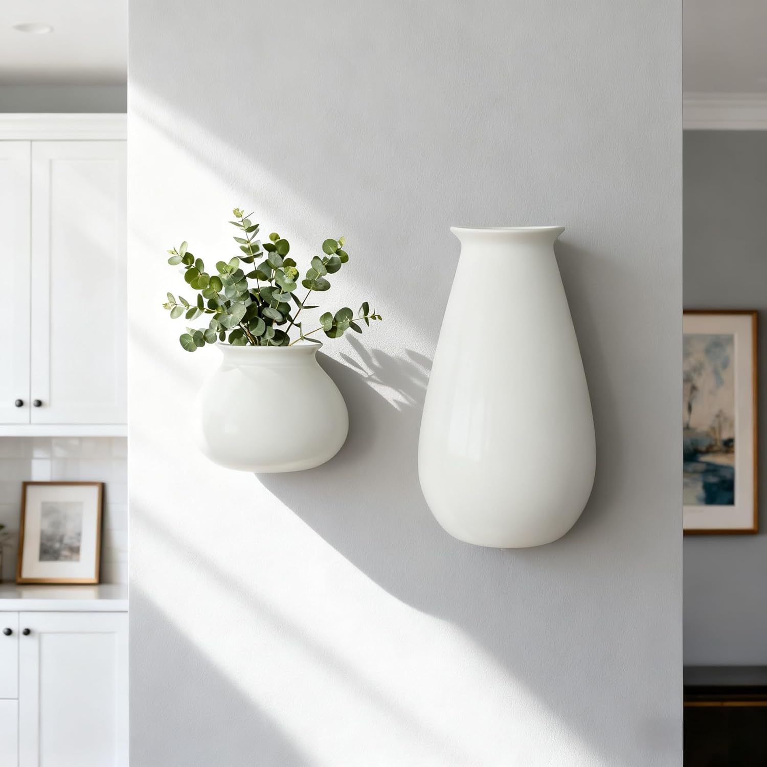 Wall Hanging Planters for Indoor Plants, Set of 2, Wall Mounted Vase for Home Decor, Modern White Wall Decor for Bathroom, Kitchen, Dining Room, Living Room