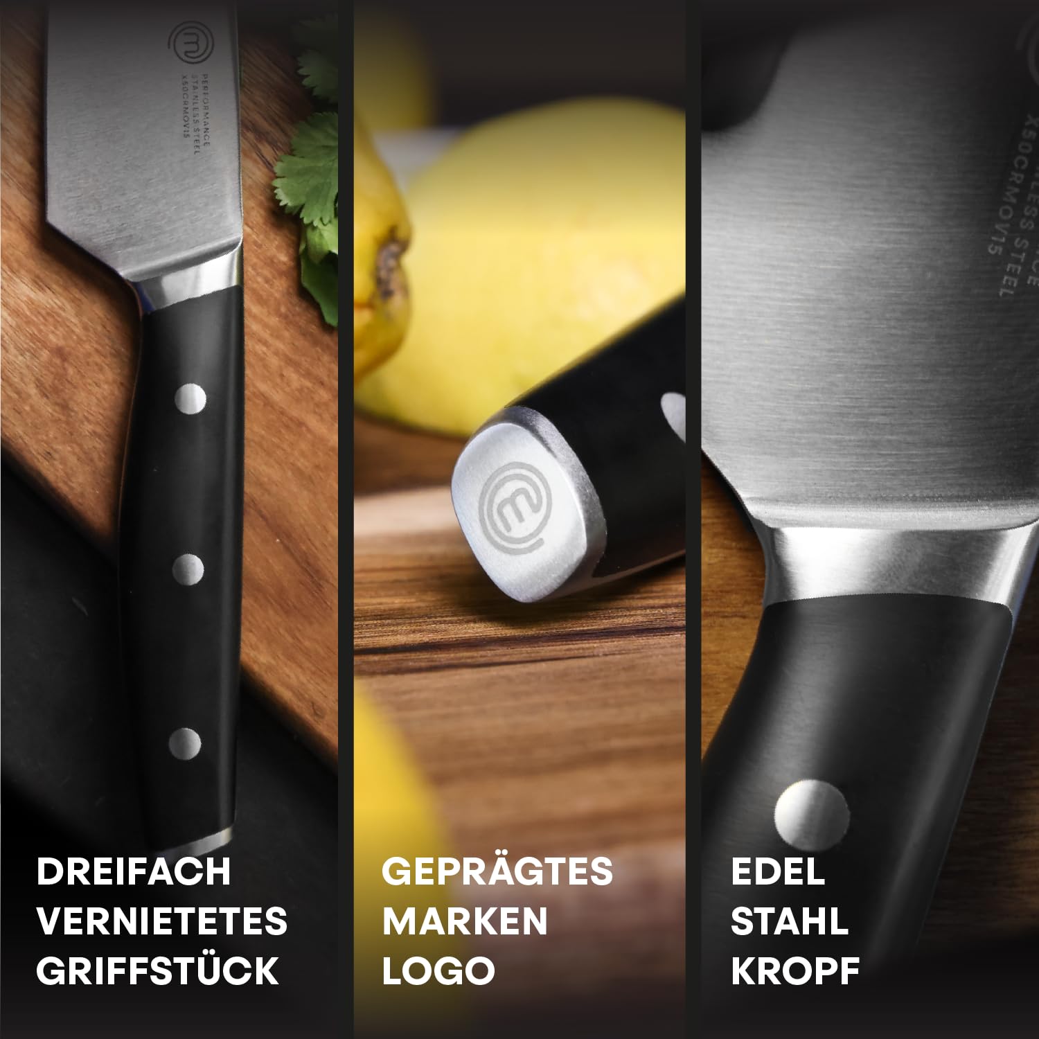 MasterChef Küchenmesser Set mit Kochmesser, Santoku Messer, Fleischmesser, Gemüsemesser, Allzweckmesser und Messertasche, Profi Messerset aus Rostfreiem Stahl mit Hohem Kohlenstoffgehalt, 6-teilig