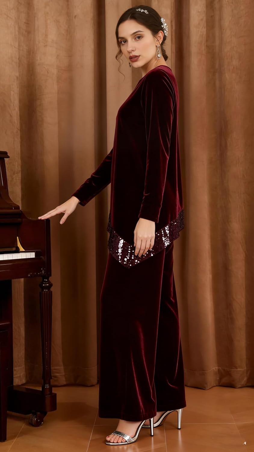 YUAOHUANG Velvet Sequin Mother of The Bride Pantsuits Dressy Long Sleeve Crew Neck 2 Pieces Formal Velvet Pants Suits