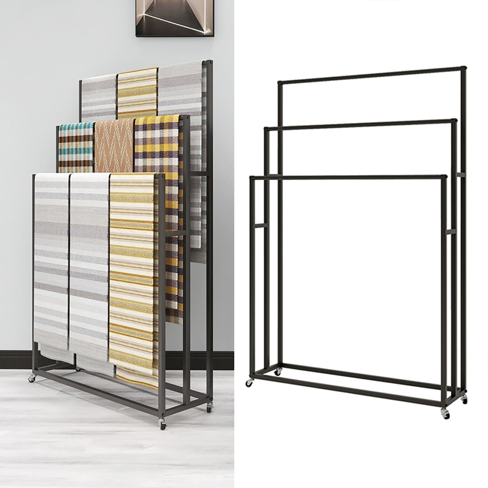 XNSHUNHOYN Movable Carpets Display Rack Stepped, Commercial Rug Sample Hanging Stand for Retail Store, Portable Quilt/Towel/Mat Storage Shelf,B,120cm