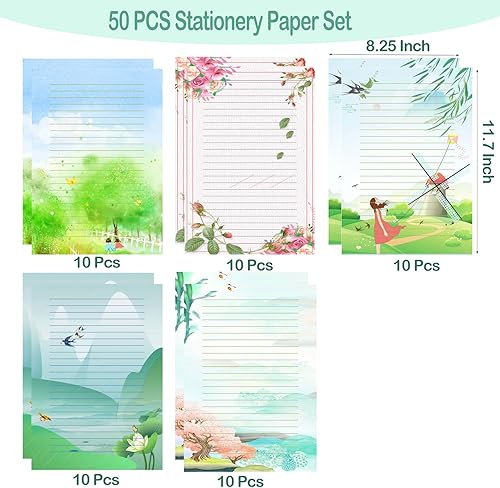 Miniatura 2 de 50 papeles de papelería de escritura, papel de papelería rayado para escribir cartas, notas, invitaciones, manualidades, 5 estilos diferentes (11.7