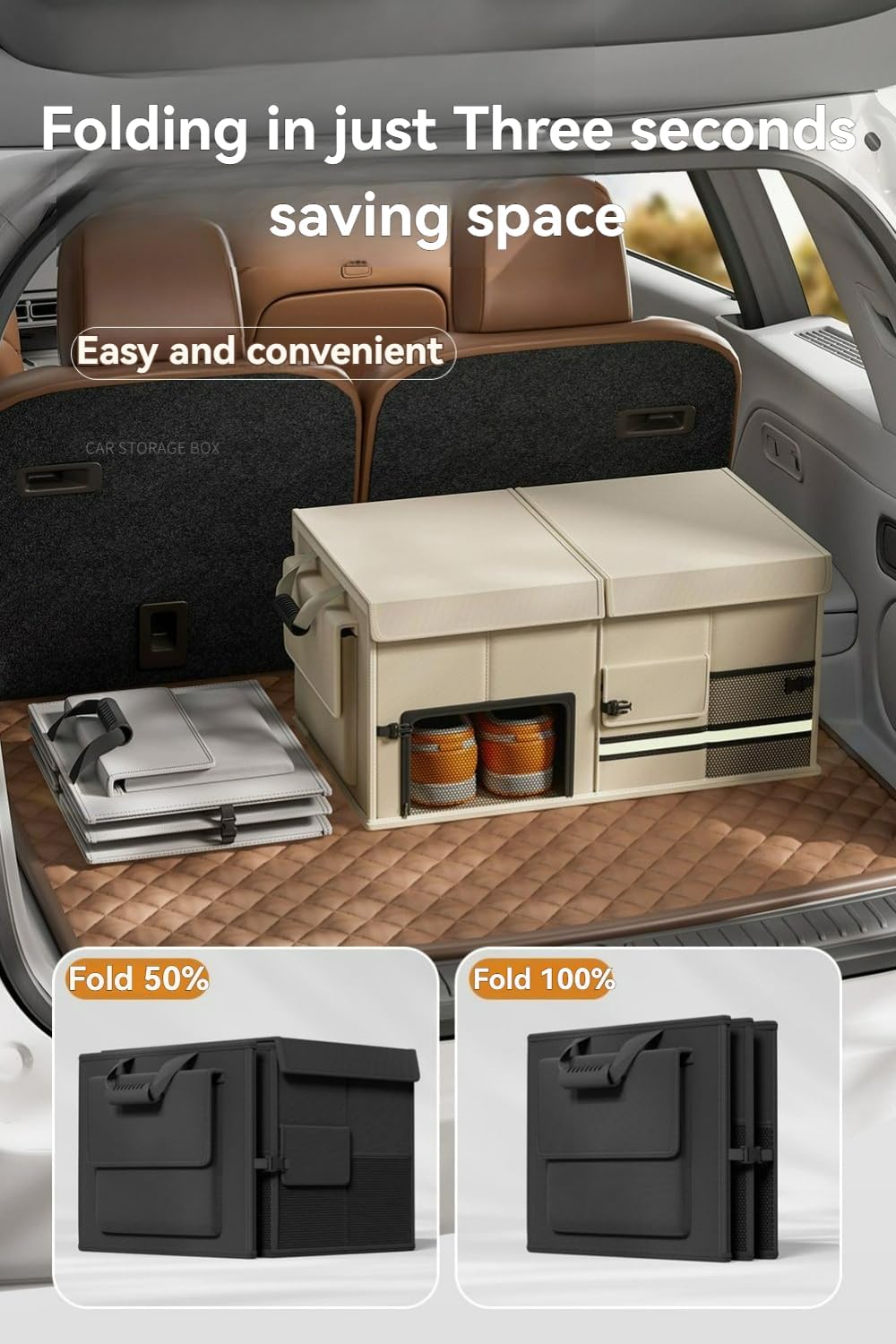 Car Trunk Storage Box Space-Saving Collapsible Vehicle Organizer Bin for Car Boot, SUV & Truck Cargo Area (White,60L)