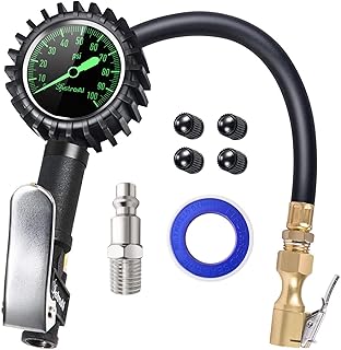 AstroAI Glow Dial Tire Inflator with Pressure Gauge 100 PSI, Heavy Duty with Large 2" Easy Read Glow Dial, Air Chuck, Quick Connect Coupler and Rubber Hose Compressor Accessories, Gifts for Men.