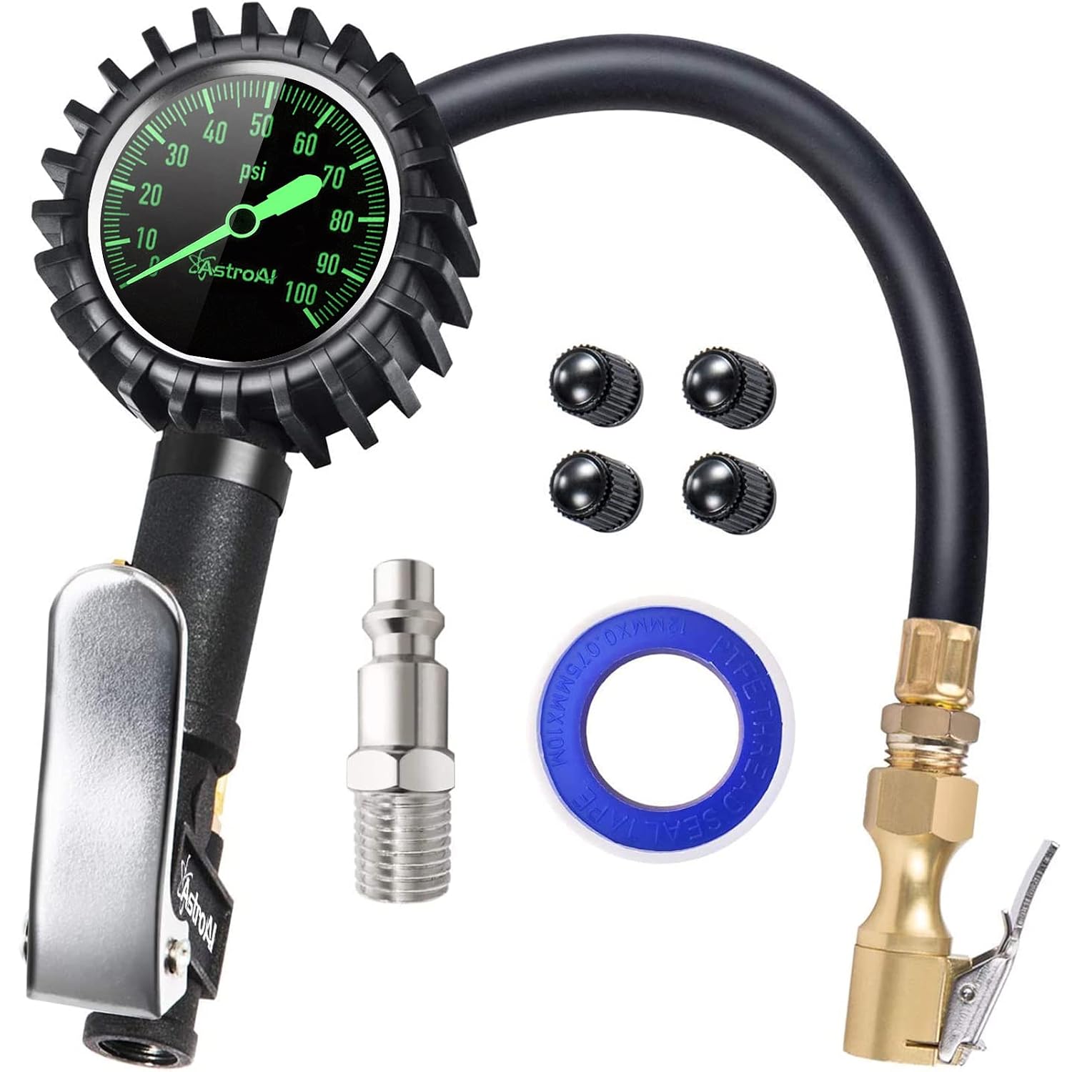 AstroAI Glow Dial Tire Inflator with Pressure Gauge 100 PSI, Heavy Duty with Large 2" Easy Read Glow Dial, Air Chuck, Quick Connect Coupler and Rubber Hose Compressor Accessories, Gifts for Men.