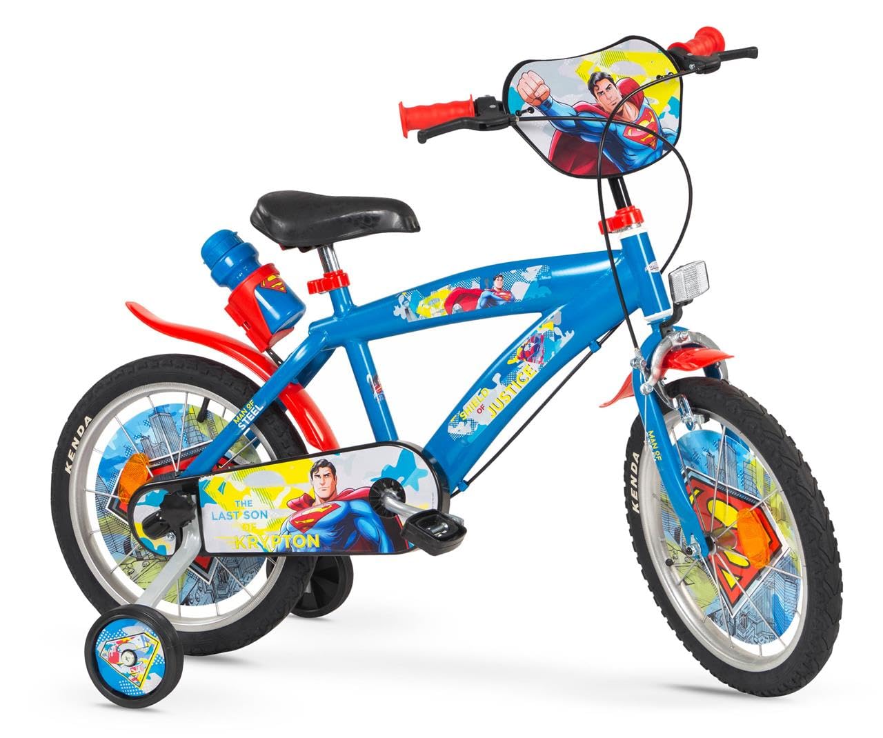 Toimsa Kinderfahrrad Superman 16 Zoll Blau | Felgenbremse Trommelbremse Stützrädern Speichenschutz Trinkflasche