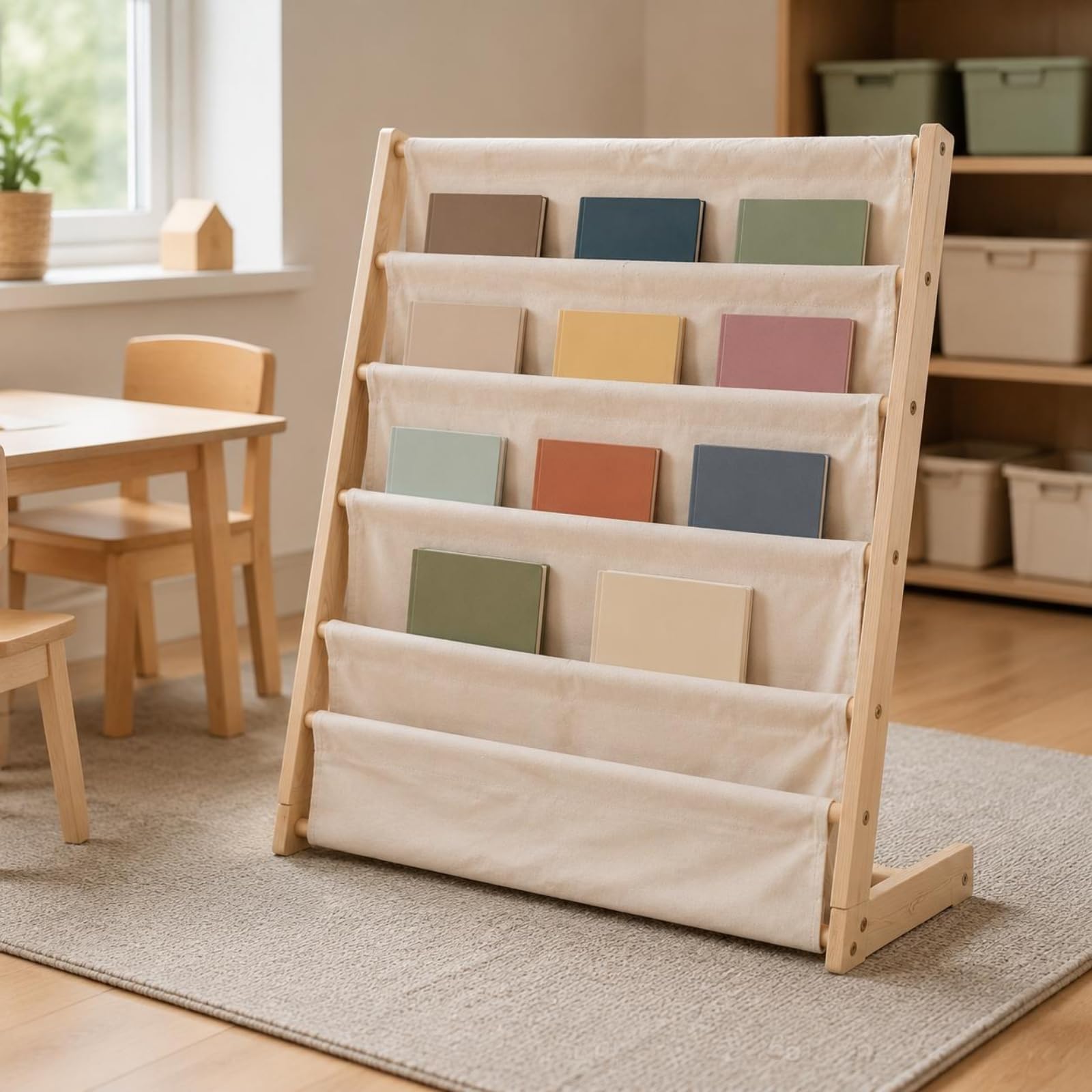 Libreria in Legno a più Ripiani Multistrato Organizzatore Libri da Pavimento Struttura Stabile Libreria Bambini per Angolo Lettura, Piccolo, Bianco Riso