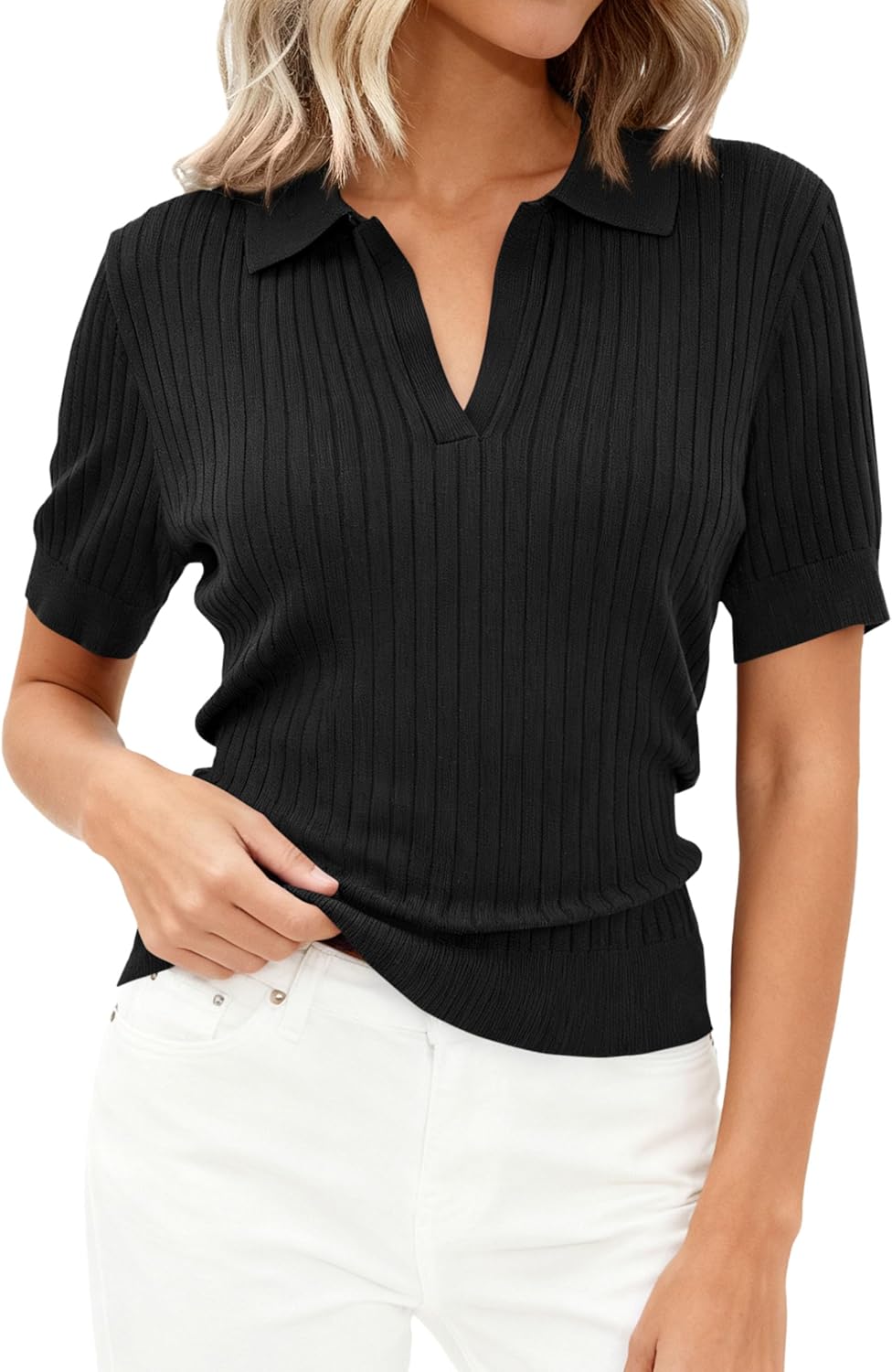 PRETTYGARDEN Women's Short Sleeve Sweater 2026 Spring Polo Shirts Ribbed Knit V Neck Business Casual Tops Summer Work Clothes - Image 2