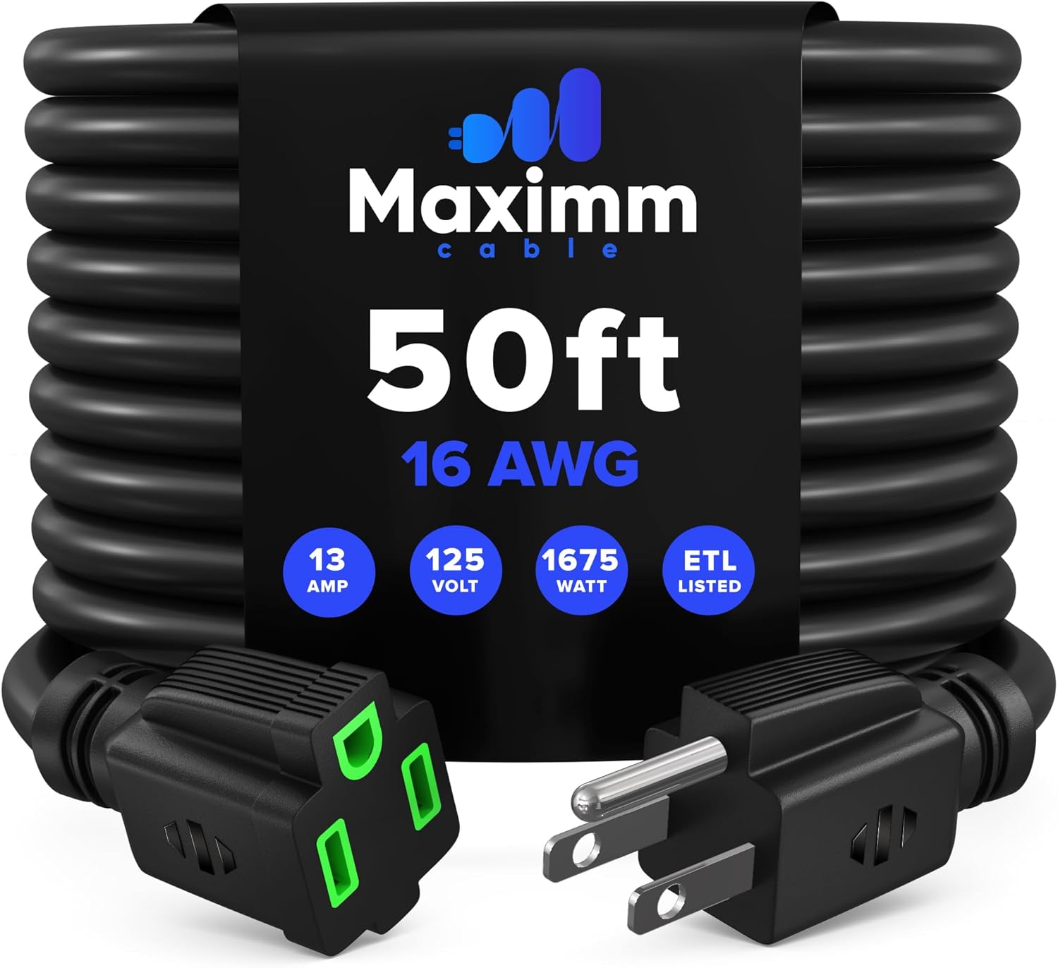 Maximm Extension Cord 50 Ft, 2 Pack Black Power Cords Indoor 16 Gauge Wire SJTW Heavy Duty ETL Listed (50Ft, Black with Green Indicators, 2 Pack)
