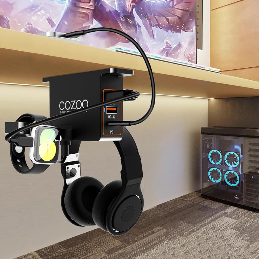 cozoo Headphone Stand with USB Charger Under Desk Headset Holder Mount 3 USB Charging Station,iWatch Stand Watch Dock Dual Earphone Hanger Hook,PC Accessories Gifts,UL Tested - image 7