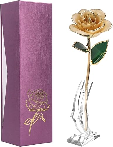 Rosa blanca sumergida en oro de 24 quilates, tallo largo, flor preservada para siempre, regalo para ella, mamá, esposa en el día de San Valentín,