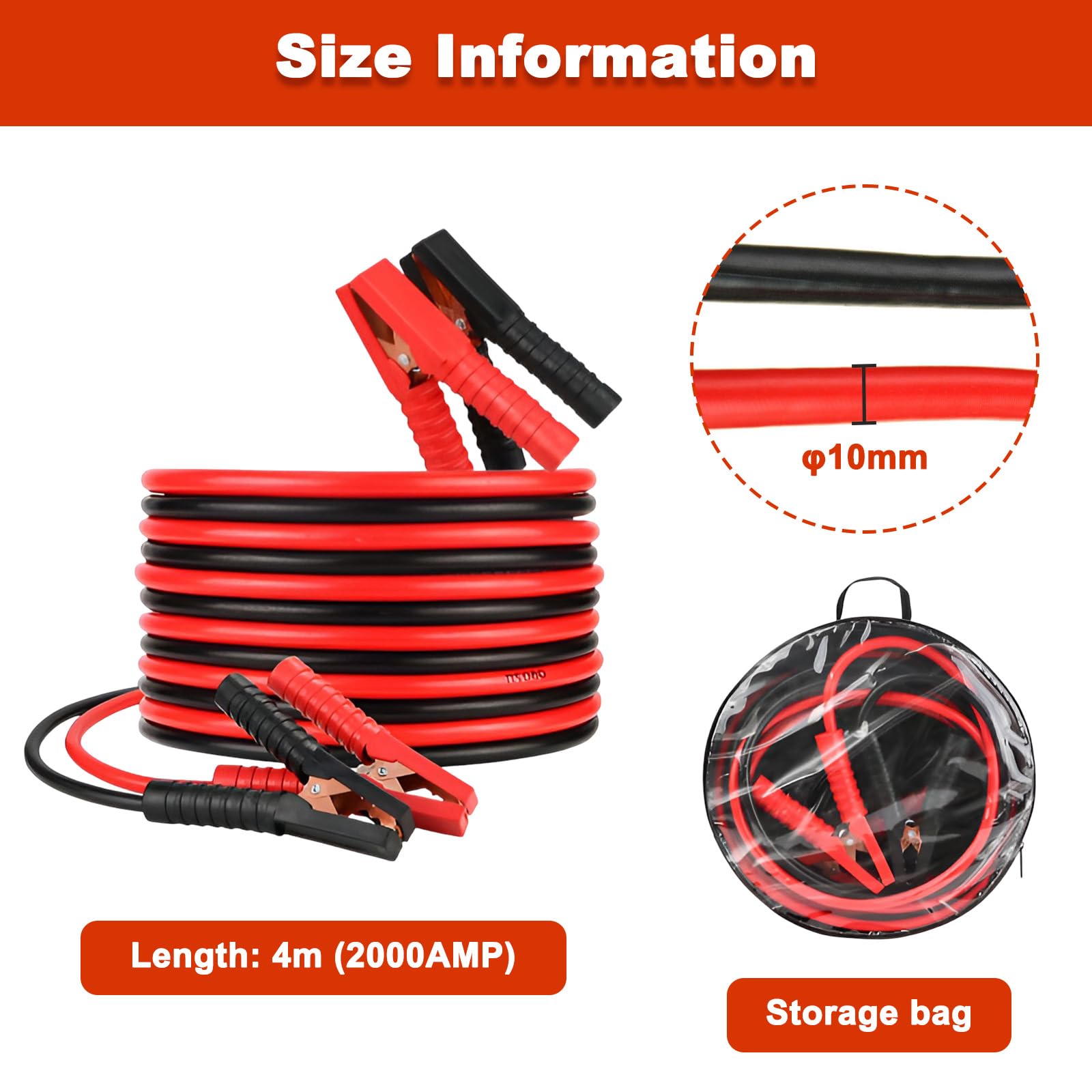 Cavi Batteria Auto con Borsa, Cavo Avviamento 12/24V 4M 2000A per Camion, Cavi Collegamento per Avviamento Sicuro Efficiente, Cavo Avvio Rapido Resistenti per Motori Benzina e Diesel